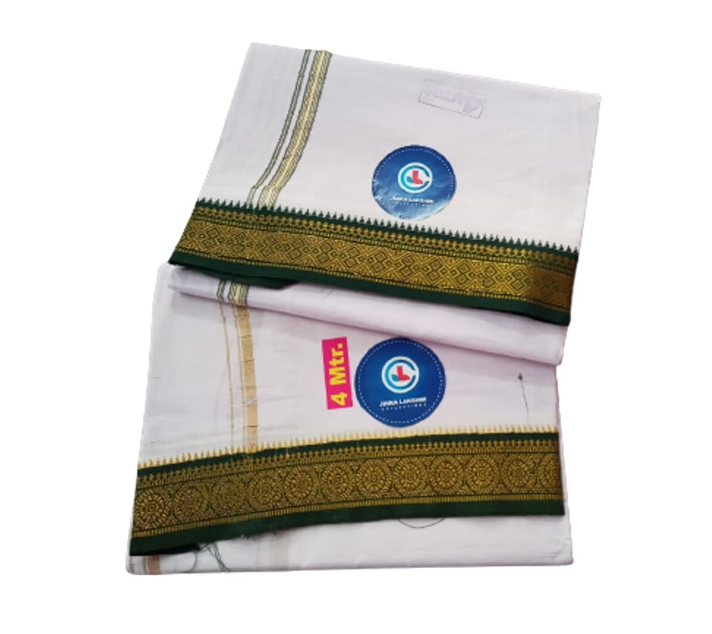 Jinka Lakshmi Collections Combo Handloom White Cotton Dhoti With Big Borders 4 Meters Unstitched Pack of 2 (Multicolor-1) view 2