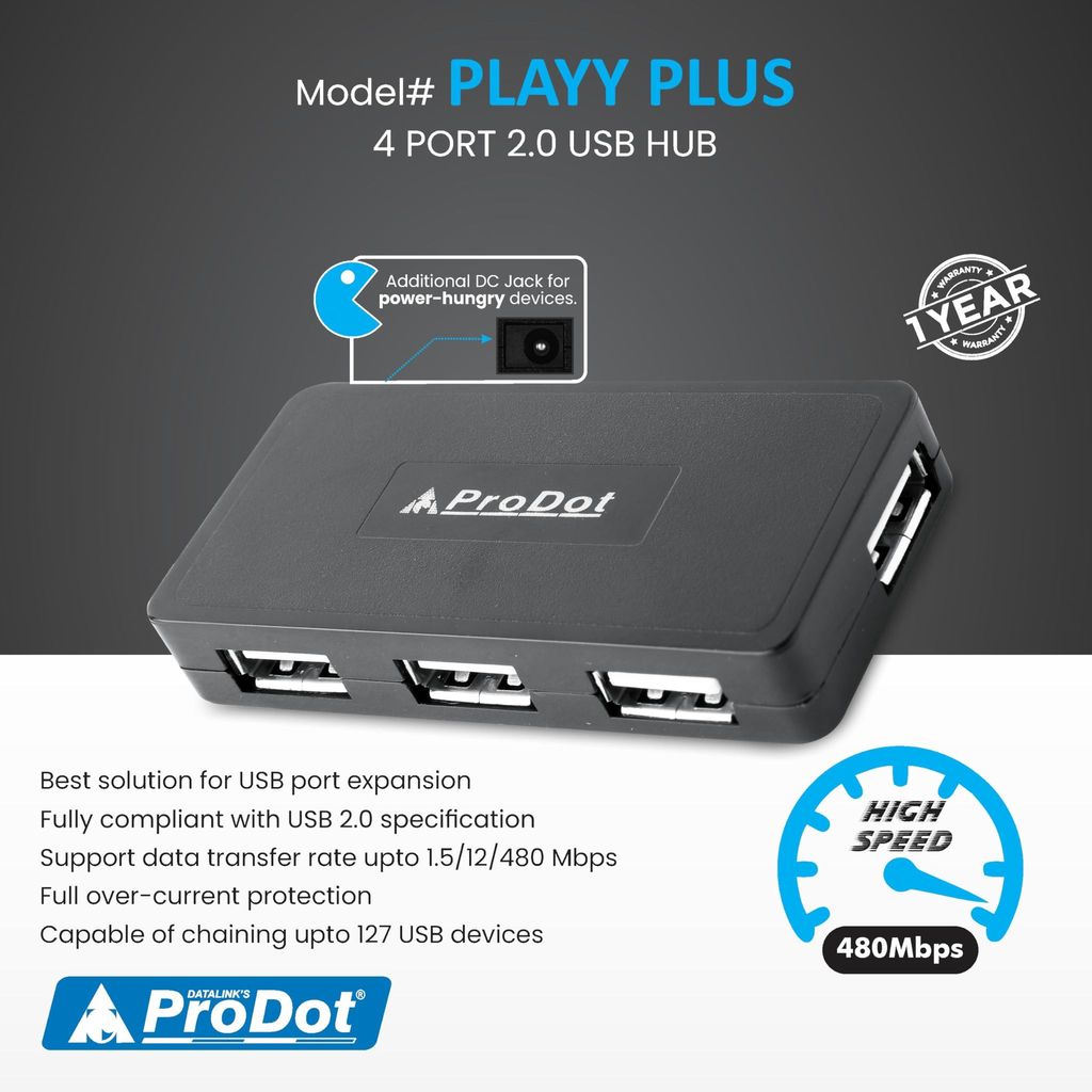 ProDot 4 Port USB 2.0 Hub with Hi-Speed Data Transfer, LED Indication & Micro USB Port for Additional Power view 2