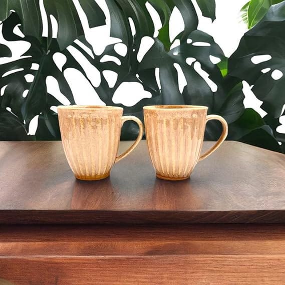 STOREPEDIA Handcrafted Ceramic Mugs Cups, Microwave Dishwasher Safe Studio Style Coffee, Soup Tea, Milk, Chai, Cup for Daily, Office, Multipurpose Use, Large Size, 350 ml Pack of 2 (Beige) view 2
