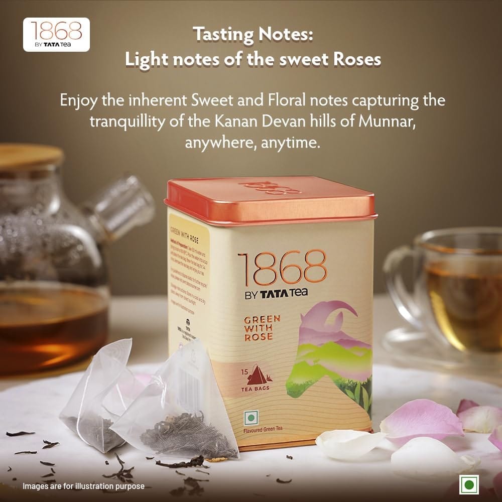 1868 by Tata Tea Green with Rose Tea Bags, Green Tea Leaves and Rose Petals, Green Tea Rich in Antioxidants, 15 Tea Bags view 2