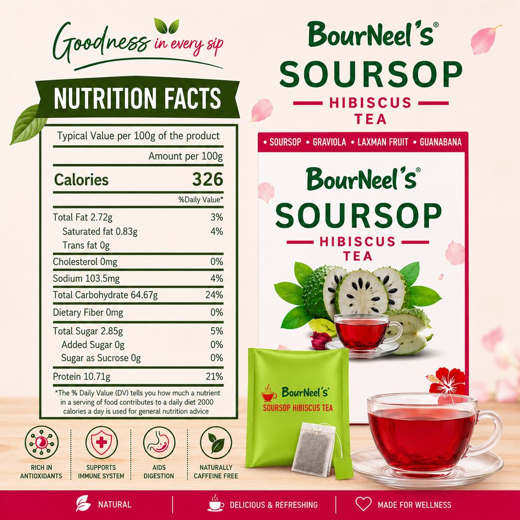 BourNeel's® Soursop Hibiscus Tea Box (20 Bags) |Dipping Tea Bags | Combination of Dry Soursop/Graviola Leaves & Dry Hibiscus petals | No Preservatives | Graviola Laxman Phal Dry Leaves | High Vitamin C | Kadha Tea | view 2