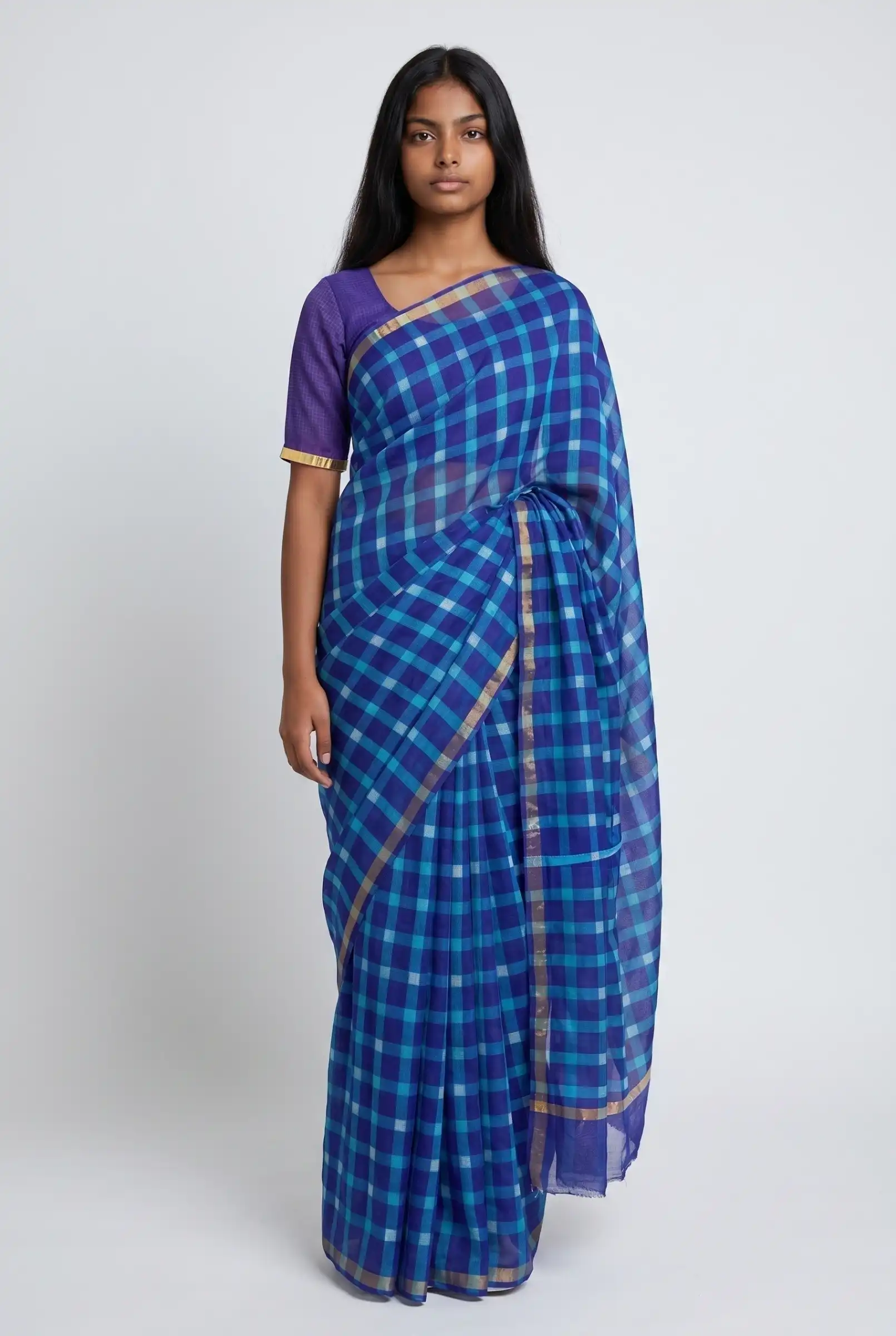 Royal Blue Kota Doria Saree with Golden Woven Border and Check Weave