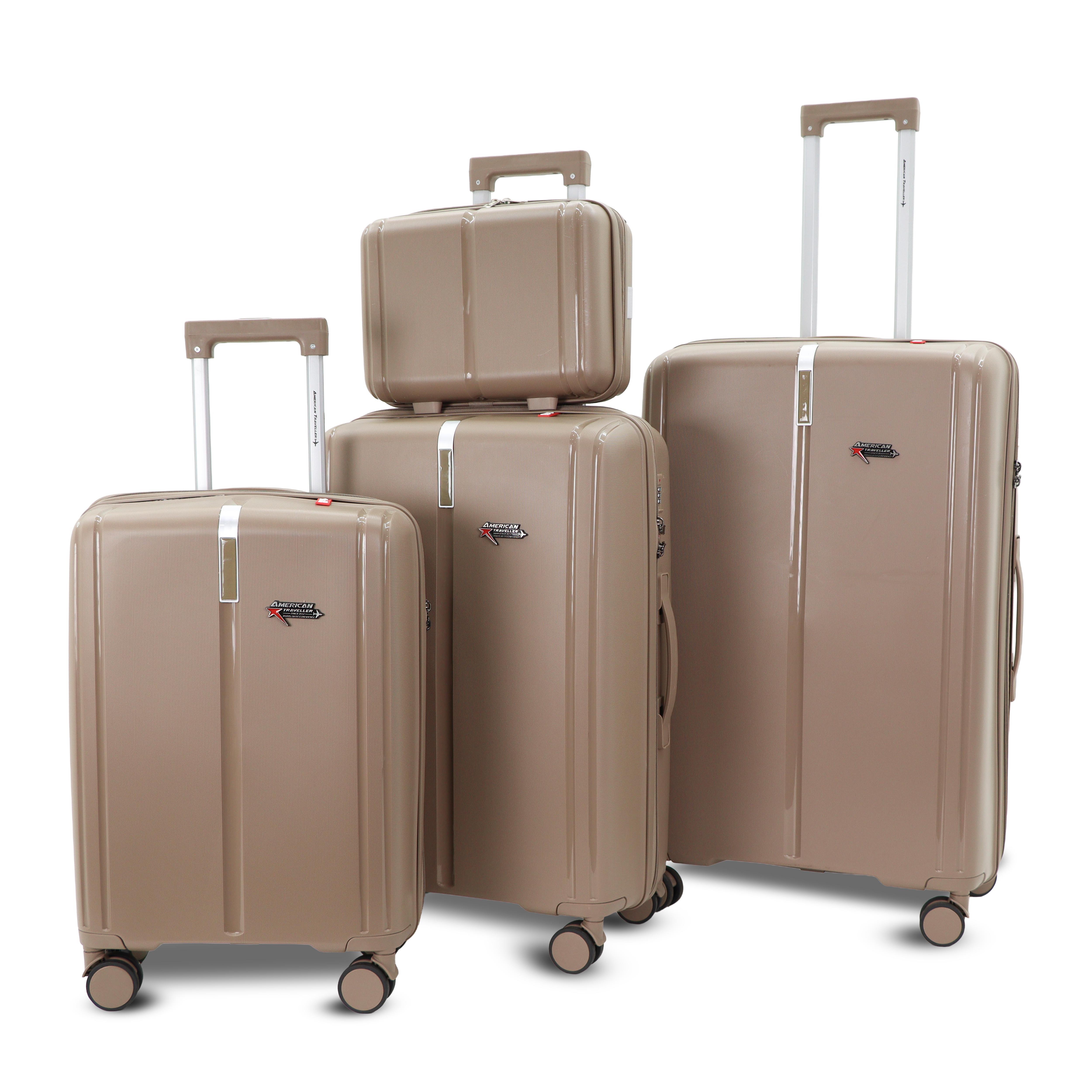 AMERICAN TRAVELLER Tokyo Polypropylene 4-Piece Luggage Trolley Bag Set | TSA-Type Lock, 360 Spinner Wheels, Durable Hard Shell Suitcase for Travel (4, Khaki, Mini,Small,Medium,Large)