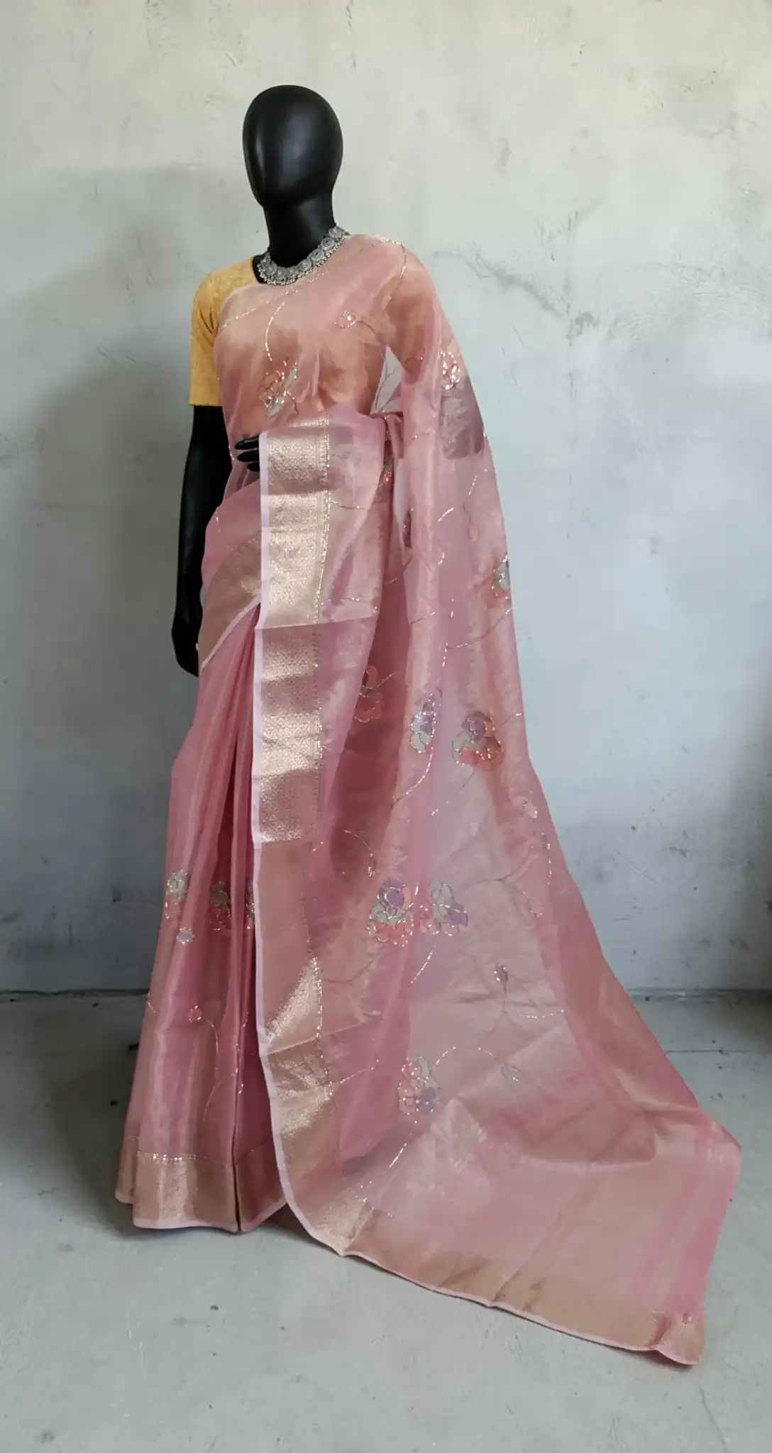 Handwoven Kota Doria Saree in Onion Pink with Block Print and Zari Border view 2