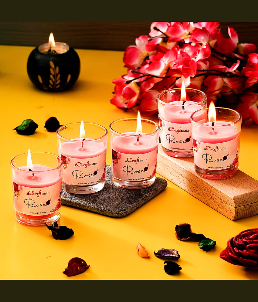 eCraftIndia Set of 5 Pink Rose Scented Glass Candle view 2