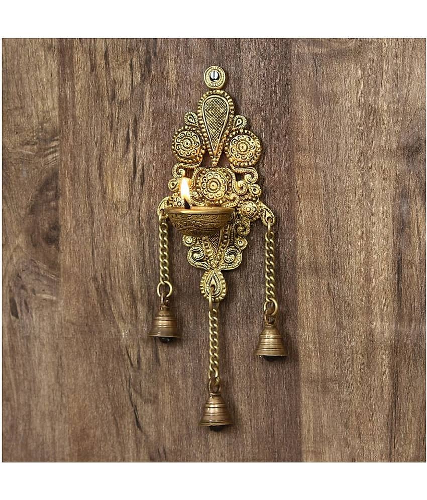 eCraftIndia Gold-Toned Handcrafted Antique Finish Diya with Bells Decorative Wall Hanging Showpiece view 2