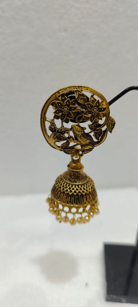 "Golden Peacock Jhumka Earrings with Pearl Drops" view 2