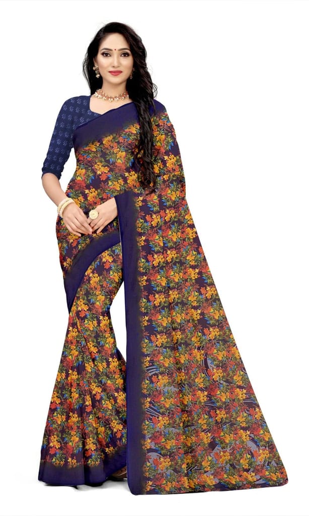 KHUSHBOO DESIGNERS Women's Solid Georgette 5.5 Meter Saree with Unstitched Blouse Piece Festive||Party [Blue] view 2