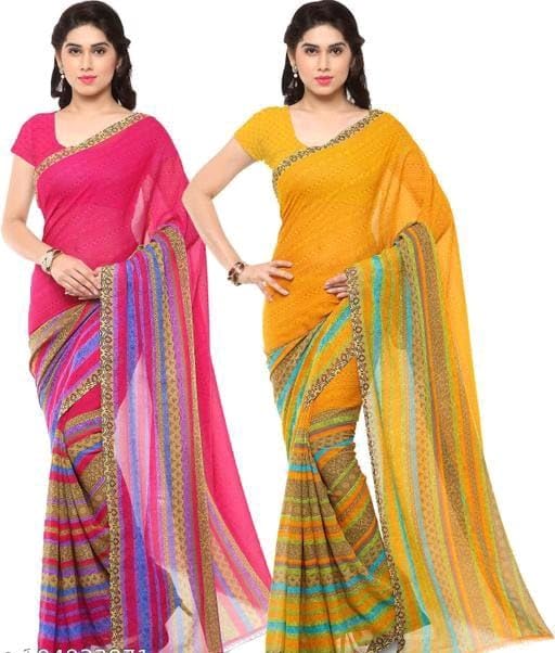 KHUSHBOO DESIGNERS Women's Solid Georgette 5.5 Meter Saree with Unstitched Blouse Piece (Multicolor-4) Pack Of 2 view 2