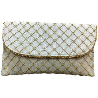 Ethnic Quilted Envelope Clutch Bag with Golden Embroidery for Wedding Party (OffWhite)