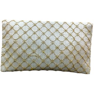 Ethnic Quilted Envelope Clutch Bag with Golden Embroidery for Wedding Party (OffWhite) view 2