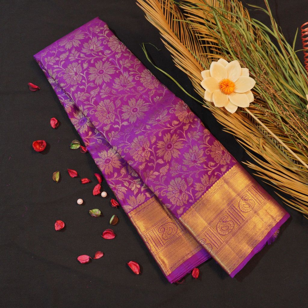 Violet Floral Bridal Kanchipuram Handloom Silk Saree - Vivaaha Silks view 2