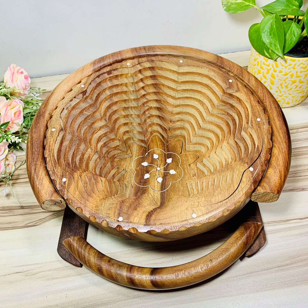 Homefrills Wooden Beautiful Fruit Foldable Basket with Carry Handle and Stand,Vegetable Basket for Kitchen Décor, Home Décor, Table Top Décor, Best for Gifting Colour- Brown view 2