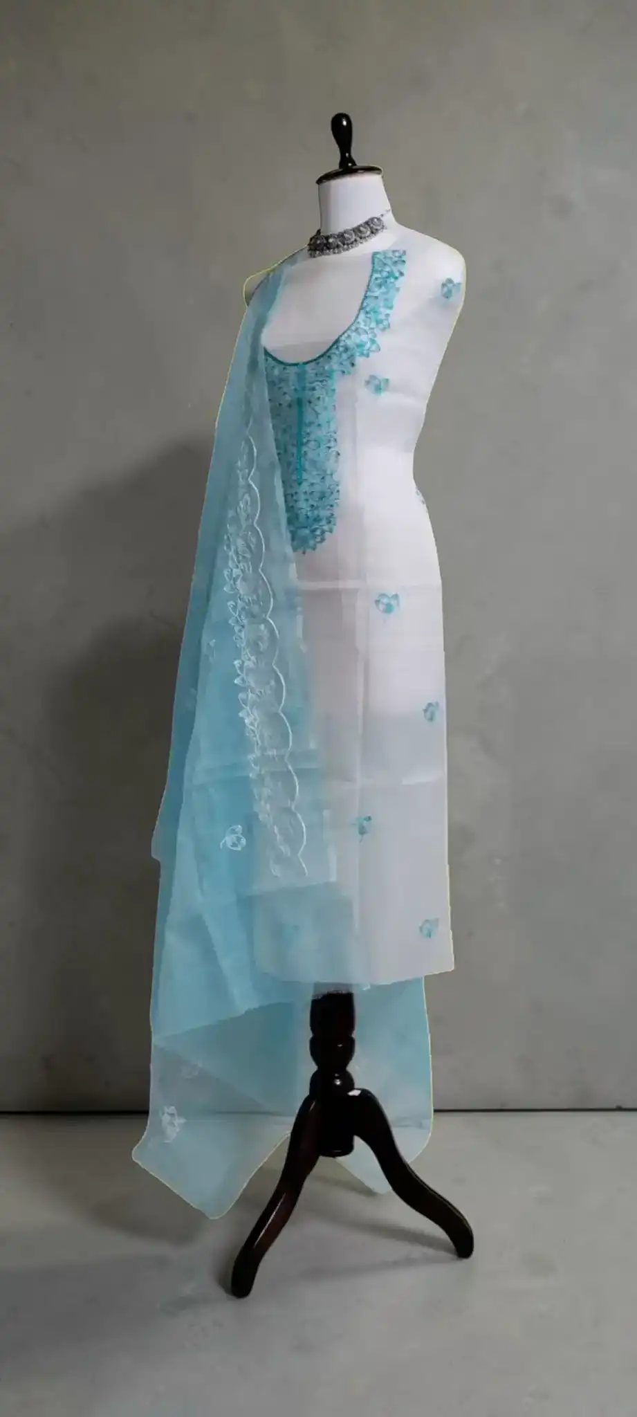 Kota Doria Dress Material in Powder Blue with Hand Embroidery view 2