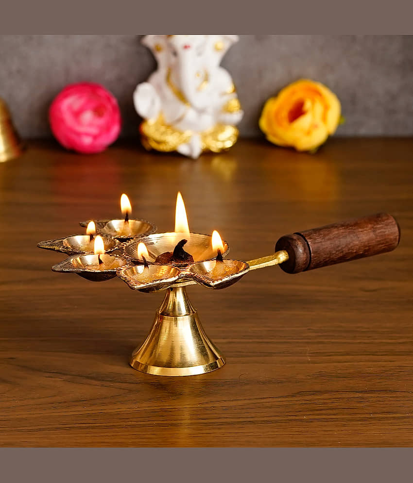 eCraftIndia Brown & Gold Brass Panchdeep Diya With Wooden Handle view 2