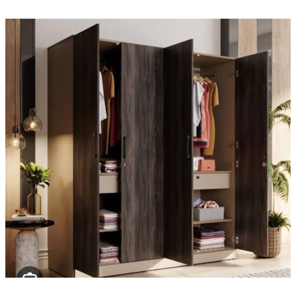 Wood 4 Door Wardrobe (Finish Color - Frappe & Wyoming Maple with Shelves, Drawers, Partition & Hanging Spaces, Mirror Included, Knock Down)