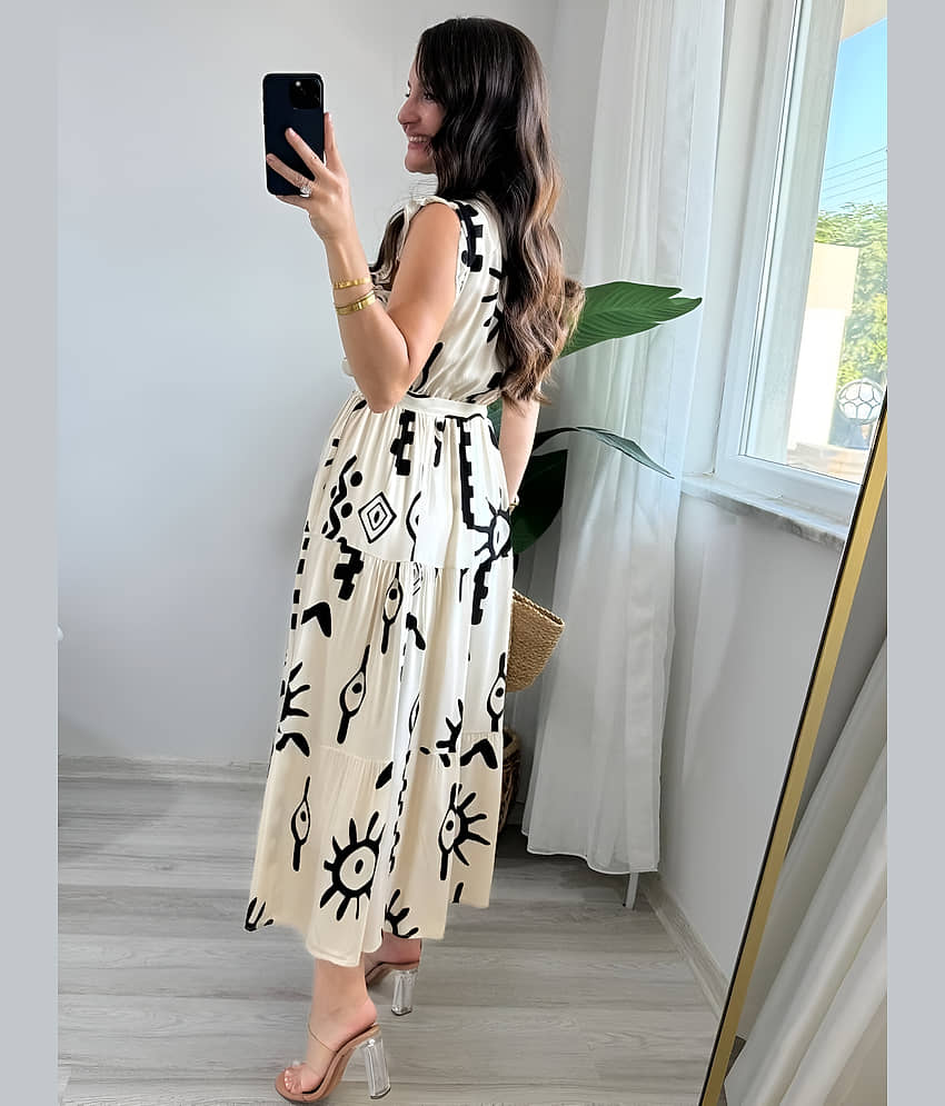ZWERLON Women Viscose Rayon Printed Fit & Flare Dress ( White ) view 2
