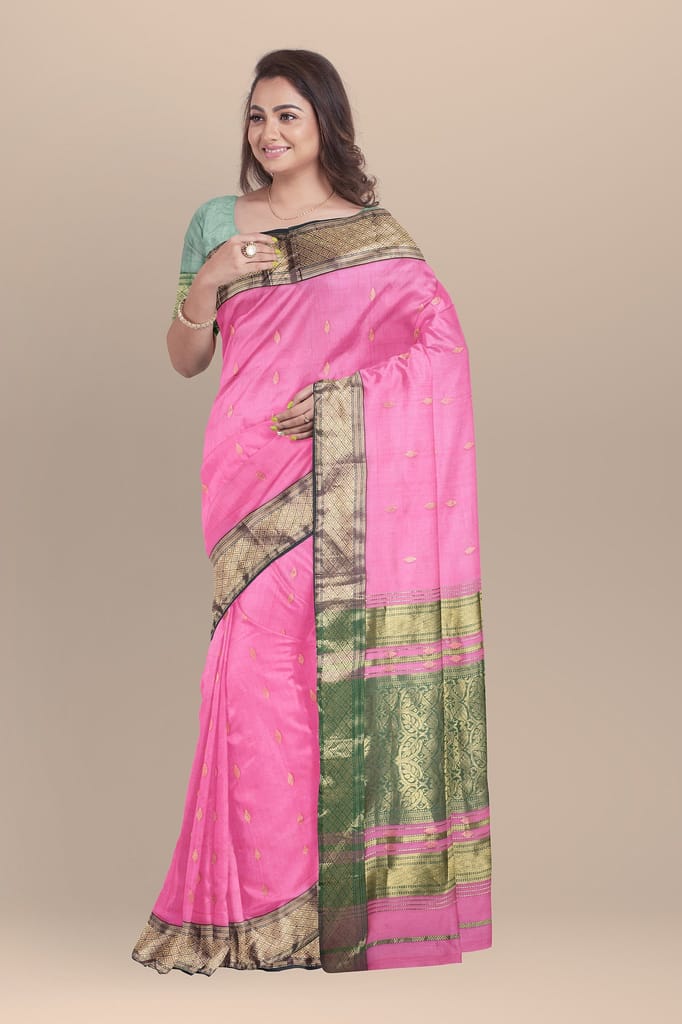 Dark Pink Buta Buti Motif Handwoven Sausar Silk with Green Zari Border Saree SKU- BS10019 view 2