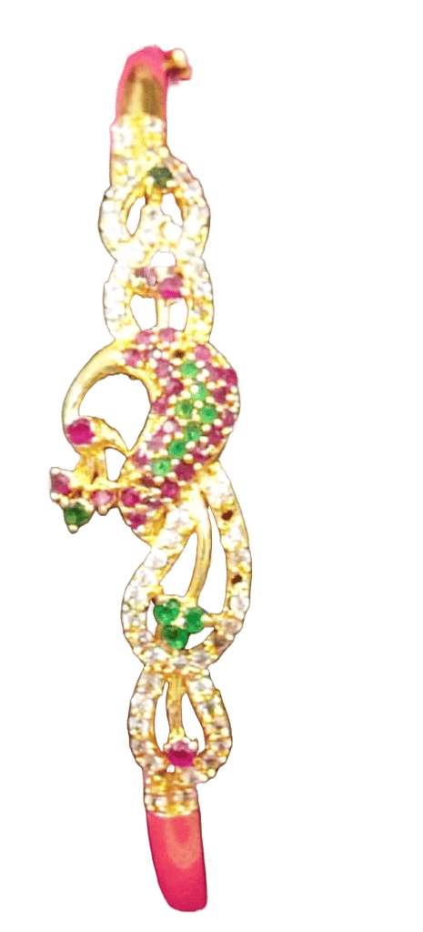 Gold Plated Peacock Design Bangle Bracelet with Ruby and Emerald Stones view 2