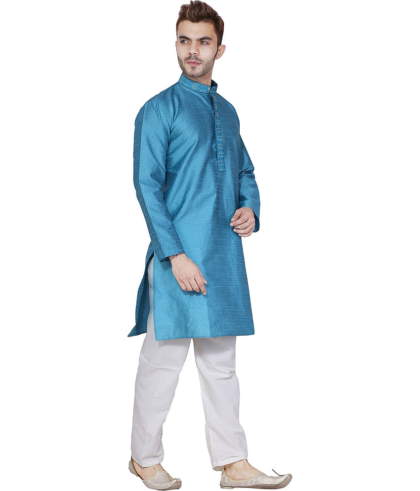 SKAVIJ Turquoise Silk Blend Kurta Pyjama Set view 2
