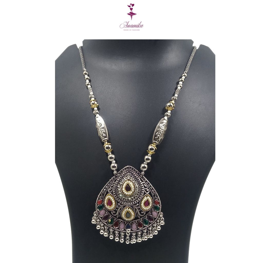 ANAMIKA Luxury Handcrafted Necklace Jewellery Set with Ear Rings, Oxidized, Oval Pendant, AD Pearls, Pink, Purple, Grey view 2