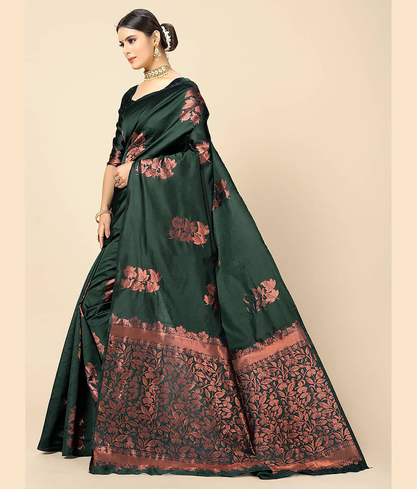 BLEESBURY Banarasi Silk Woven Saree With Unstitched Blouse Piece ( Navy Blue ) view 2