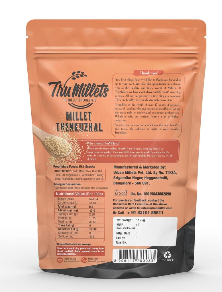 TruMillets Kodo Millet Thenkuzhal 125g | Authentic South Indian Snack | Crunchy & Tasty Thengol | No Palm Oil | Ready-to-Eat | Healthy & Wholesome Millet Snack view 2