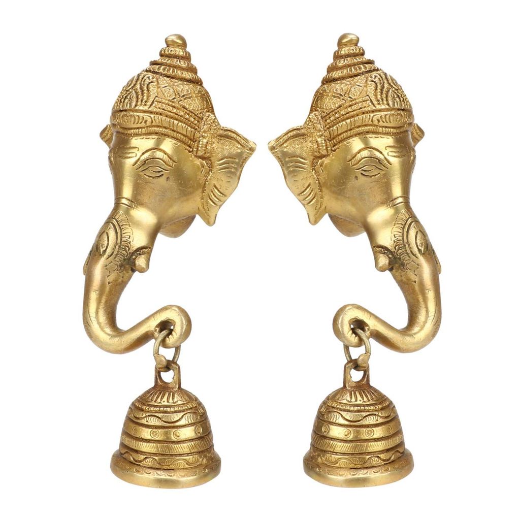 Artvarko Antique Style Brass Ganesha Bhagwan Door Wall Hanging Bell in Pair for Home Decor Entrance Ganti Diwali Ganpati Decoration Metal Ghanti Set view 2