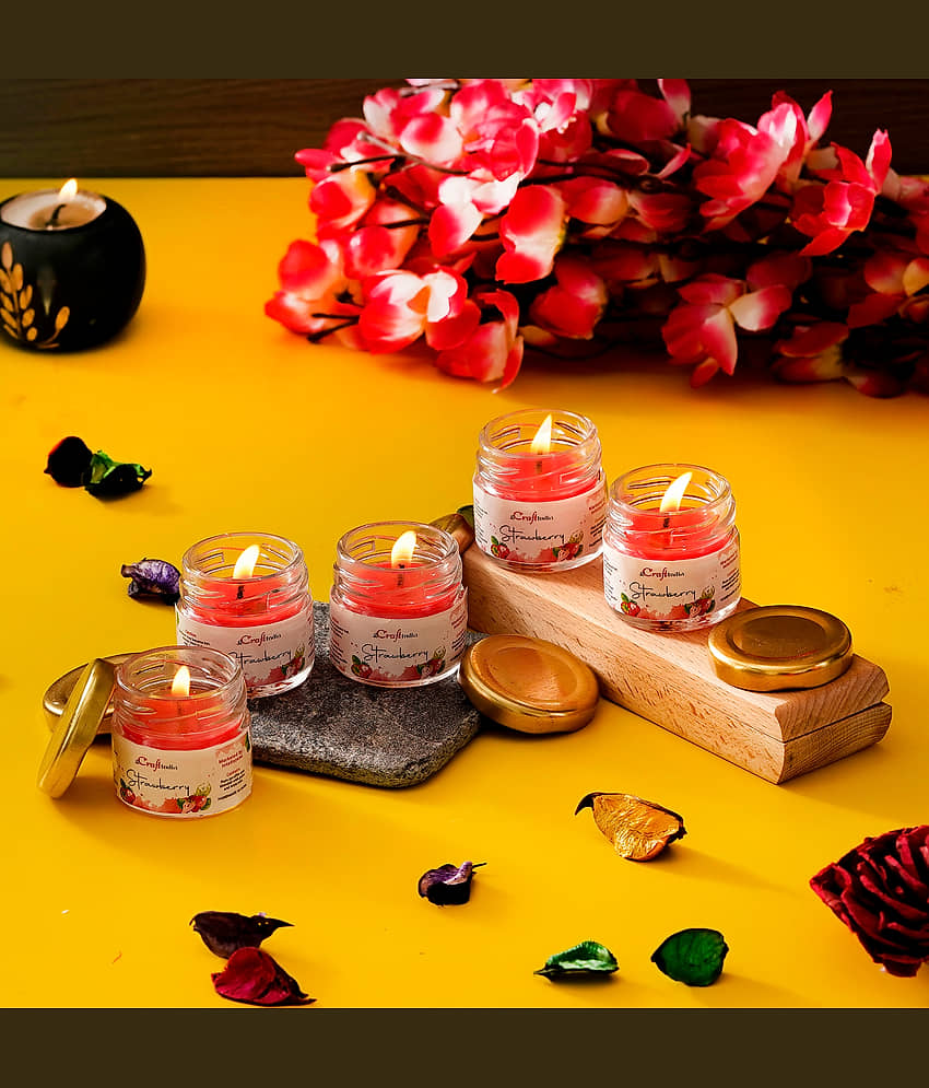 eCraftIndia Set of 5 Red Strawberry Scented Minijar Candle view 2