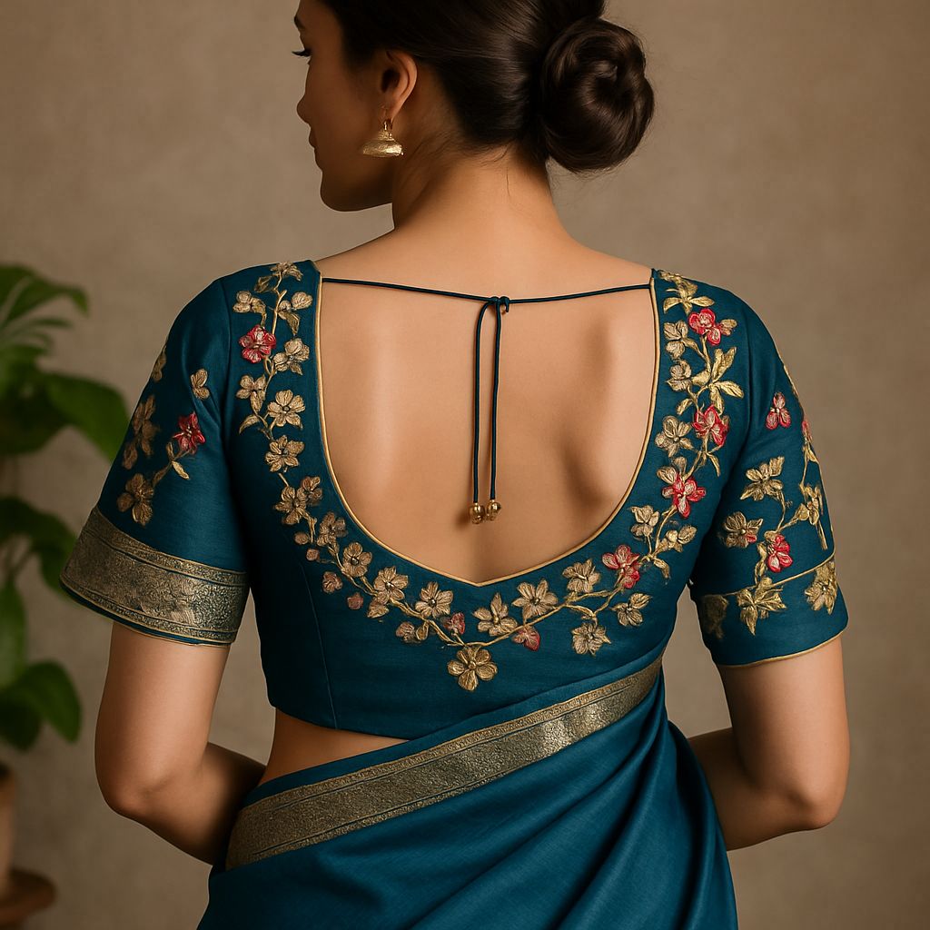 Traditional Embroidered Silk Blouse – Deep Green view 2