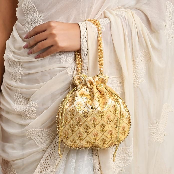Exquisite Handcrafted Golden Potli Bag with Pearl Handle for Women view 2