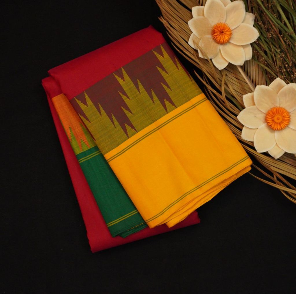 Radiant Cherry Red Kanchipuram Silk Saree with Ganga Jamuna Korvai Border view 2