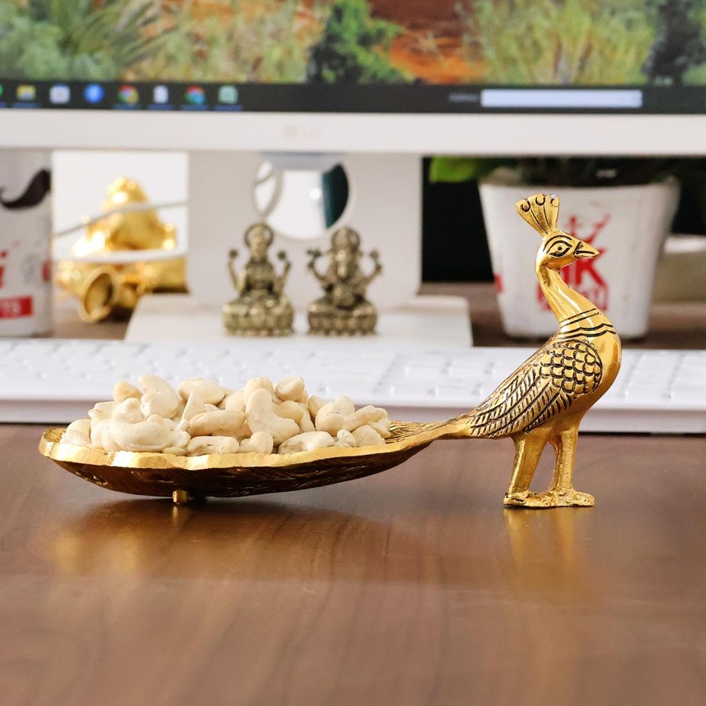 Hand Crafted Golden Metal Peacock Wing Shape Tray Perfect for Home Centre Table Serving Dry Fruits-9 Inch view 2