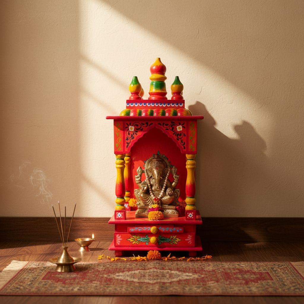 Red-Yellow Hand-Painted Mandir in Living Room | Devi-Devta Temple view 2