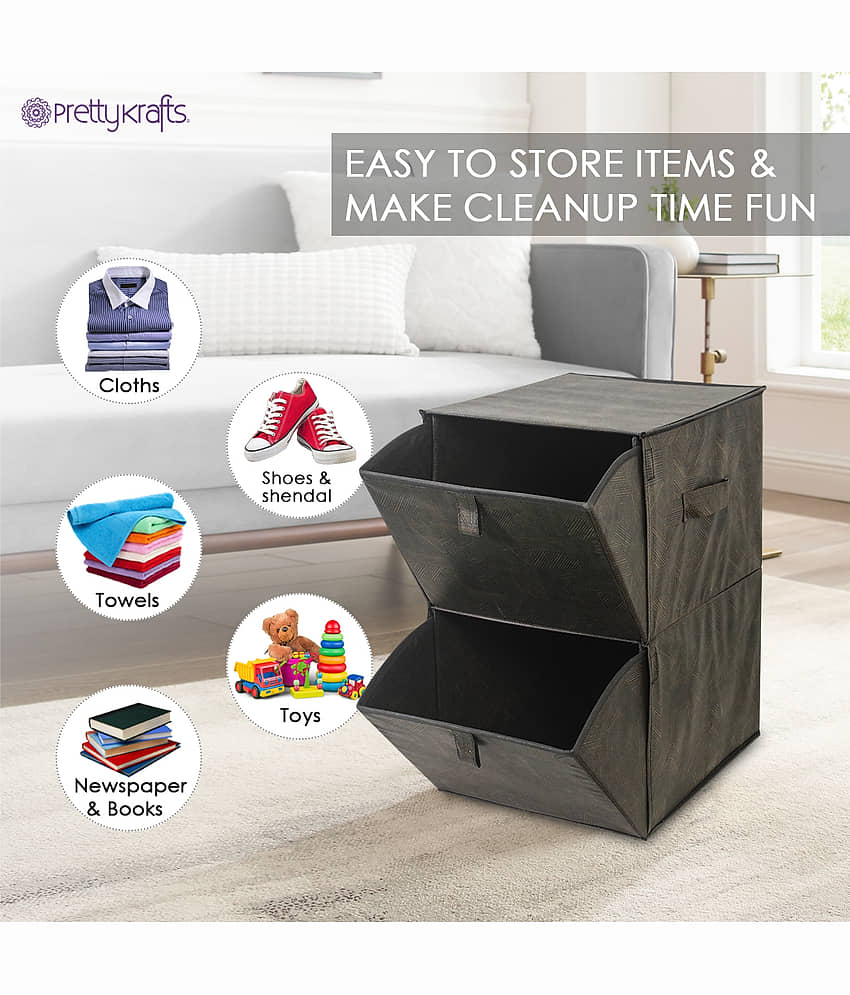 PrettyKrafts 2 Tiers Collapsible Storage Organizer, Fabric Cube Bins, Pull-Down Doors with 2 Carrying Handles for Closet, Home, Office, Free Standing view 2