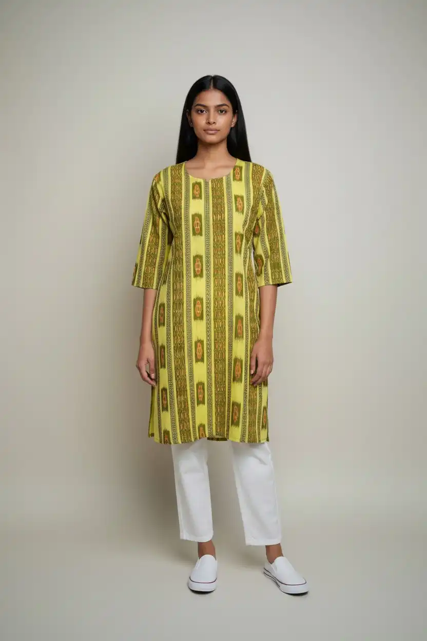 Handwoven Sambalpuri Cotton Kurti in Green and Yellow with Bandhakala