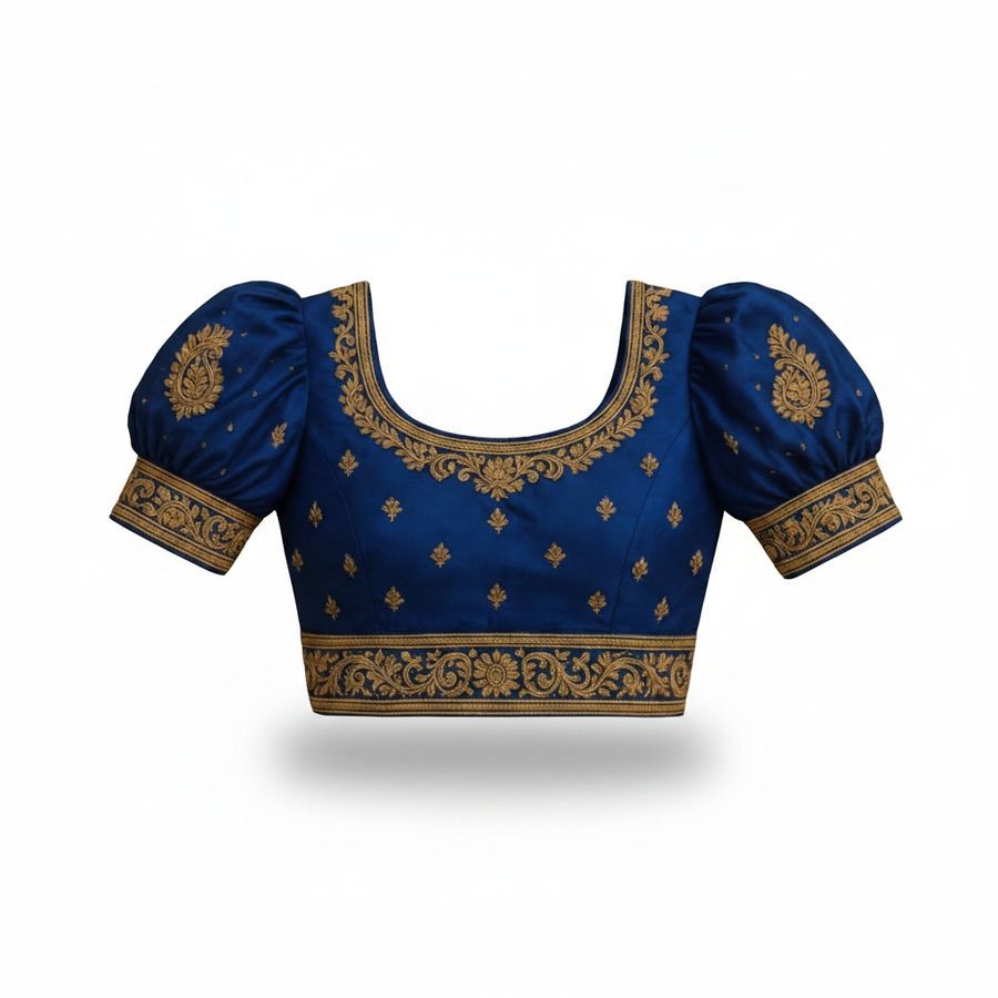 Royal Blue Embroidered Blouse with Puff Sleeves view 2