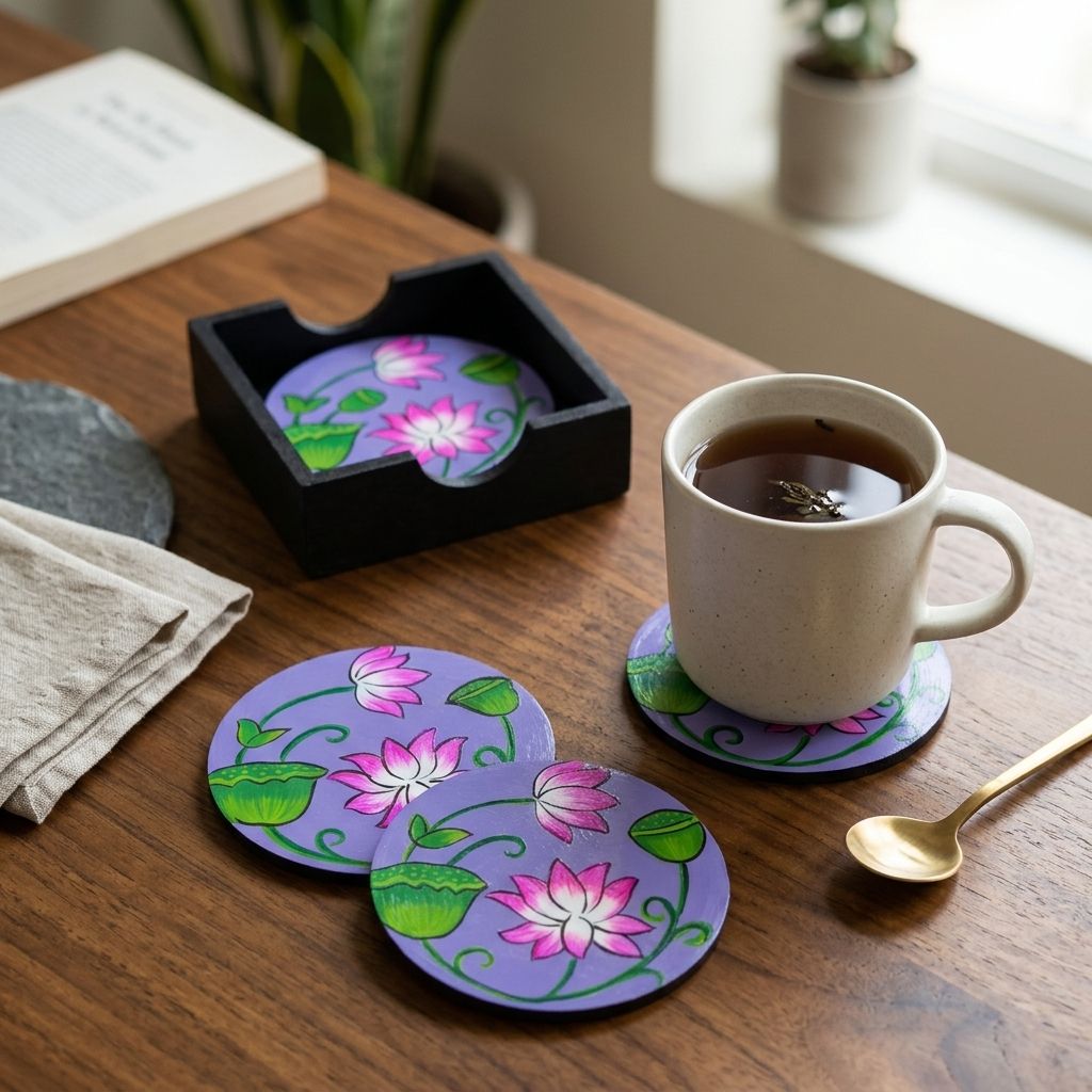 Hand Painted Wooden Pichwai Art Round Shape Purple Color Set of 4 Coasters With Resin Layer view 2