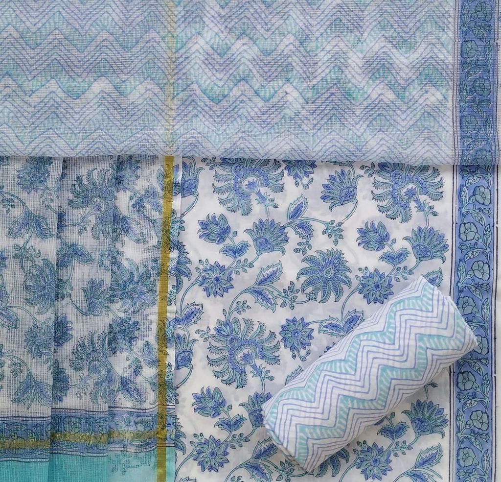 Floral Hand Block Print Pure Cotton Suit Material with Kota Doria Dupatta (3CKD356) view 2