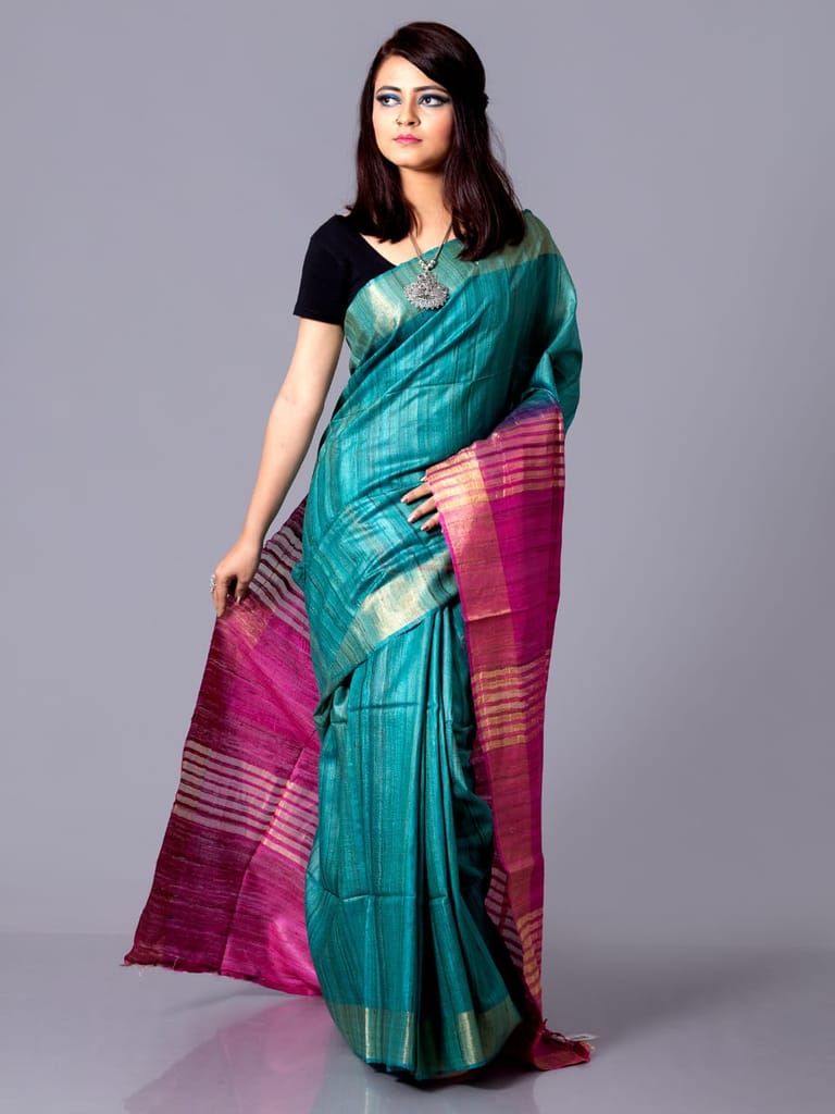 Blue & Pink Silk Blend Saree