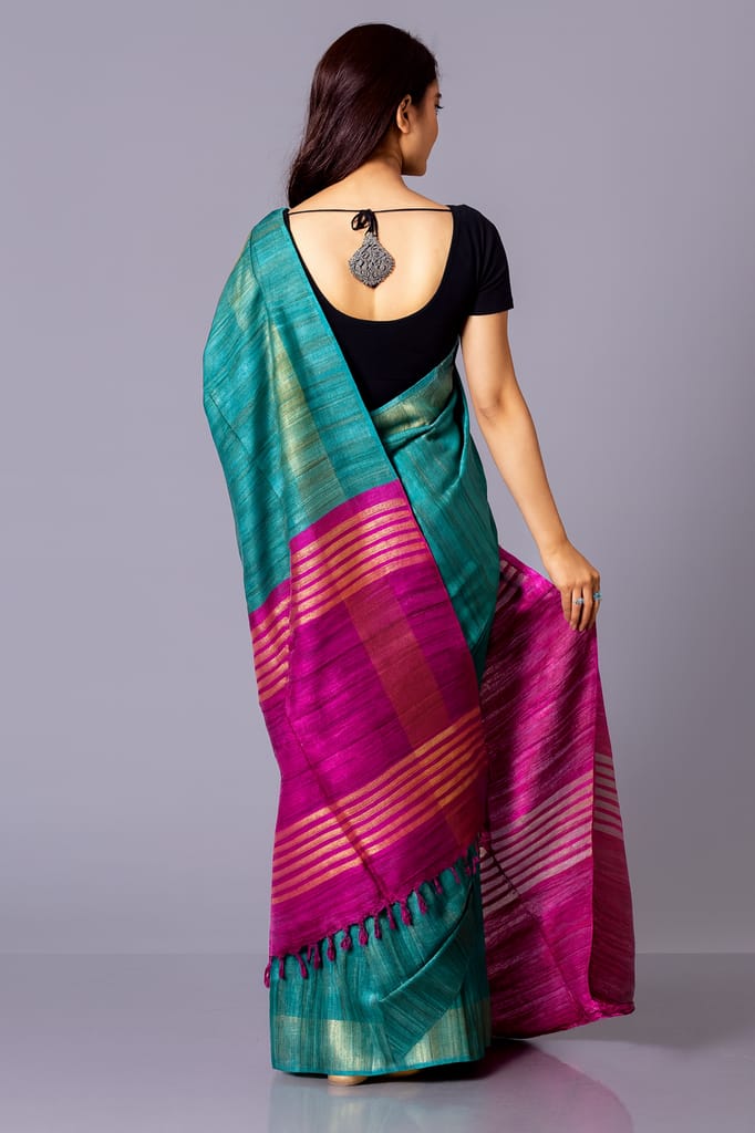 Blue & Pink Silk Blend Saree view 2