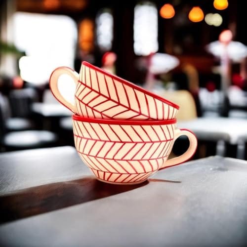 STOREPEDIA Handmade Red Striped Ceramic Coffee Mug Cup Set of 4, 400ml Microwave Dishwasher Safe, Coffee Soup Tea Chai Milk Mugs, Cup for Daily, Office, Gift Multipurpose Use Jumbo Large Size view 2