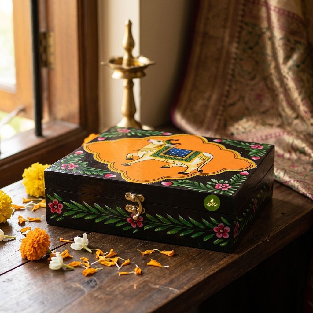 Hand Painted Pichwai Art Wooden Orange Black Color Storage Box view 2