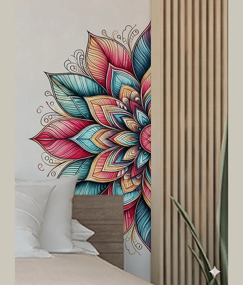 Colourful Mandala Half Flower Wall Sticker, Multicolour, Boho Floral Decal, 45 x 90 cm, Home Decor Self Adhesive Sticker (Pack of 1) view 2