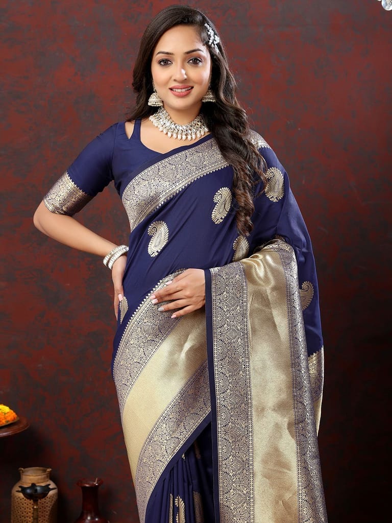 Navyblue Soft Silk Woven Design Gold Zari Weaving Saree view 2