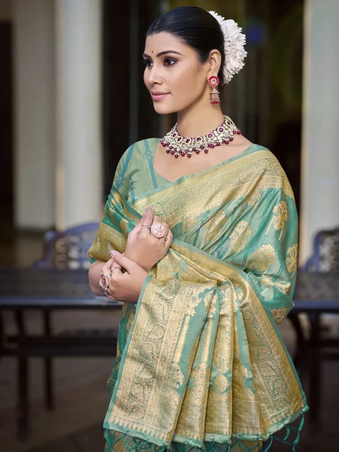 Sea Green Satin Silk Saree view 2