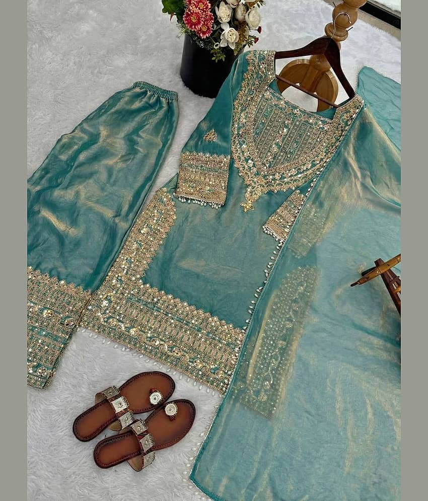 BHAGYASHRAY Women Silk Embroidered Ethnic Motifs Kurti With Patiala Salwar ( Sea Green ) view 2