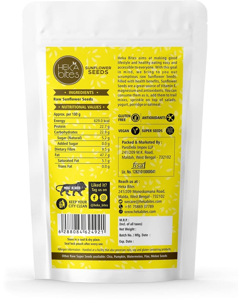 Heka Bites Raw Sunflower Seeds (Pack of 1)| Source of Vitamin E and Magnesium| High in Dietary Fibre and Protein|Super Seeds| Diet Snacks view 2