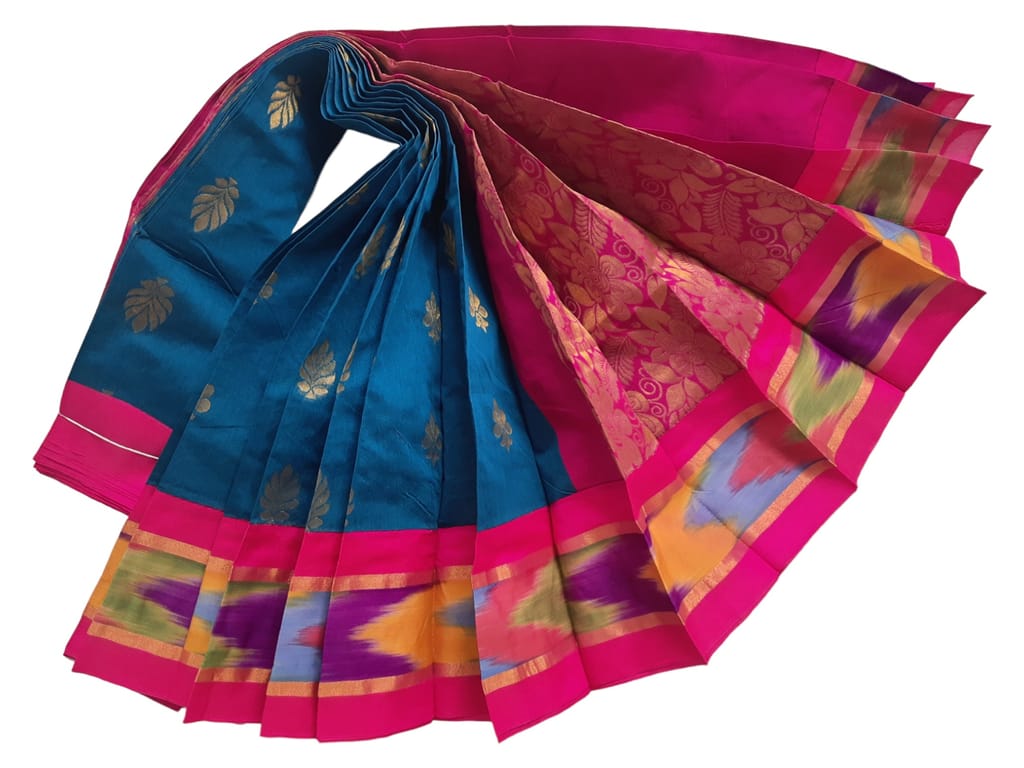 Uppada Kuppadam Teal Blue handloom cotton silk saree with blouse piece. view 2