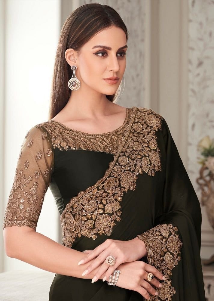 Embroidered Satin Georgette Saree in Dark Green view 2